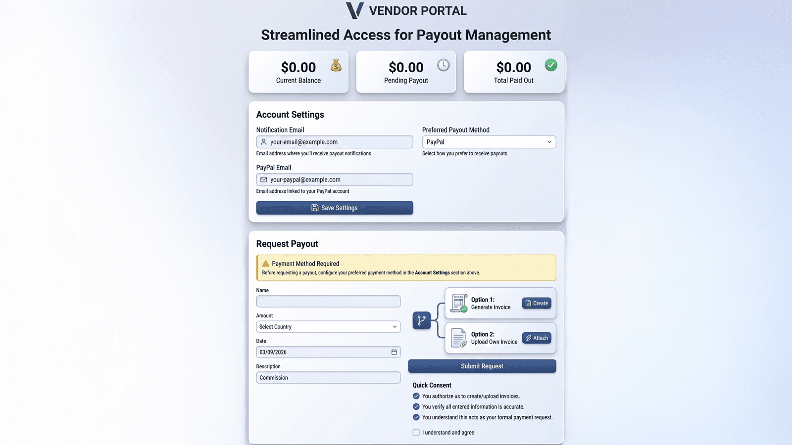 LedgerStar feature illustration showing vendor payout requests and invoice options