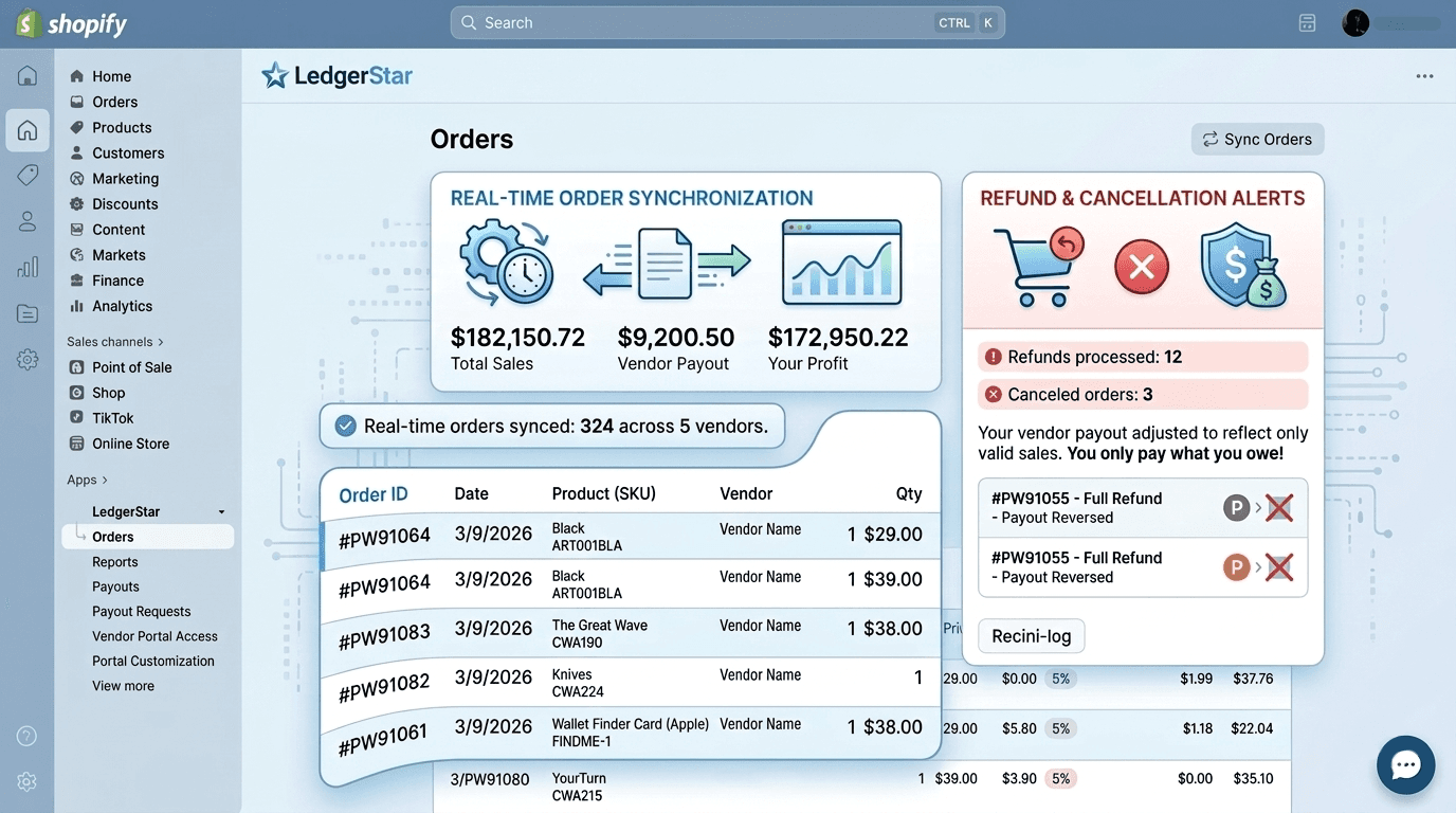 LedgerStar feature illustration showing order and commission management